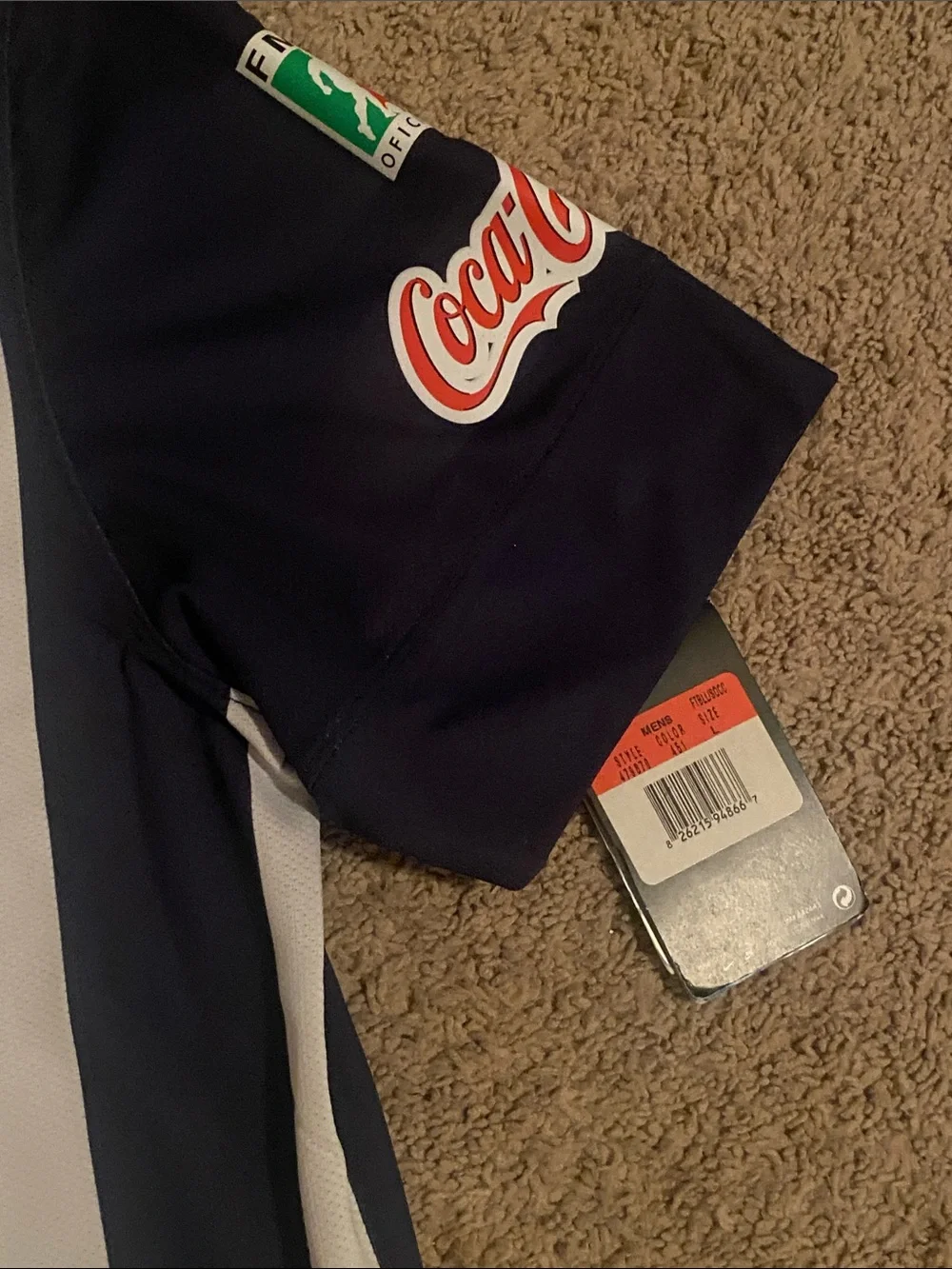 Nike Kids Monterrey Navy and White Striped Soccer Jersey with Red Sponsor Logo